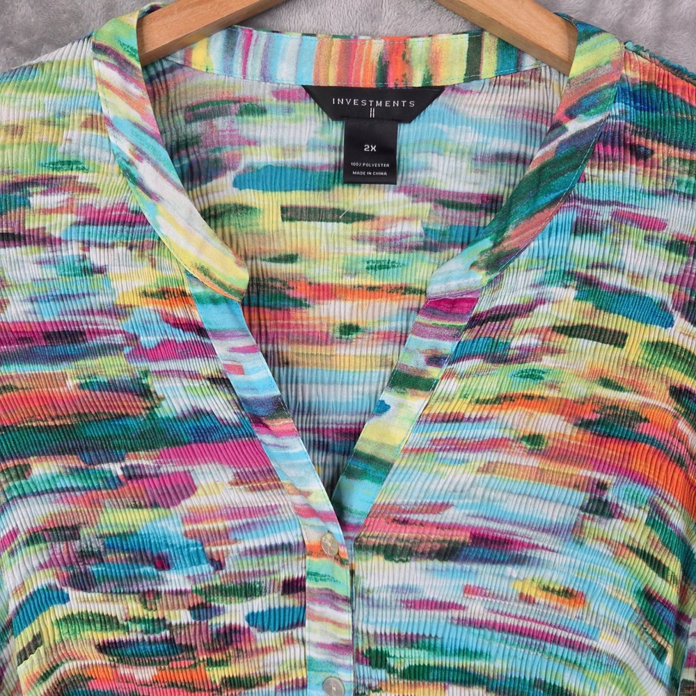 Investments Tunic Blouse Women 2X Multicolor Pleated Button Up Bell Sleeve Artsy - Picture 5 of 11